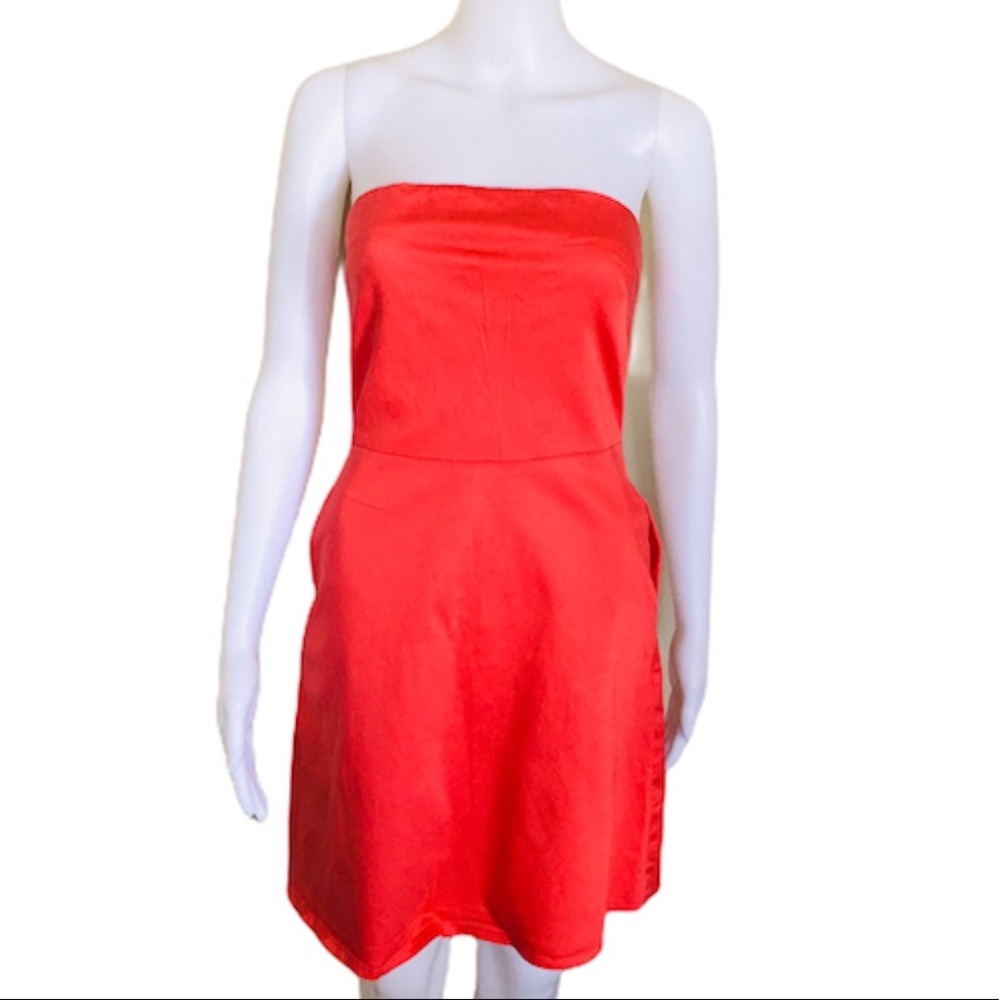 FASHION BABE Strapless Coral Pink Cocktail Dress Bodycon Pockets XS S Barbiecore